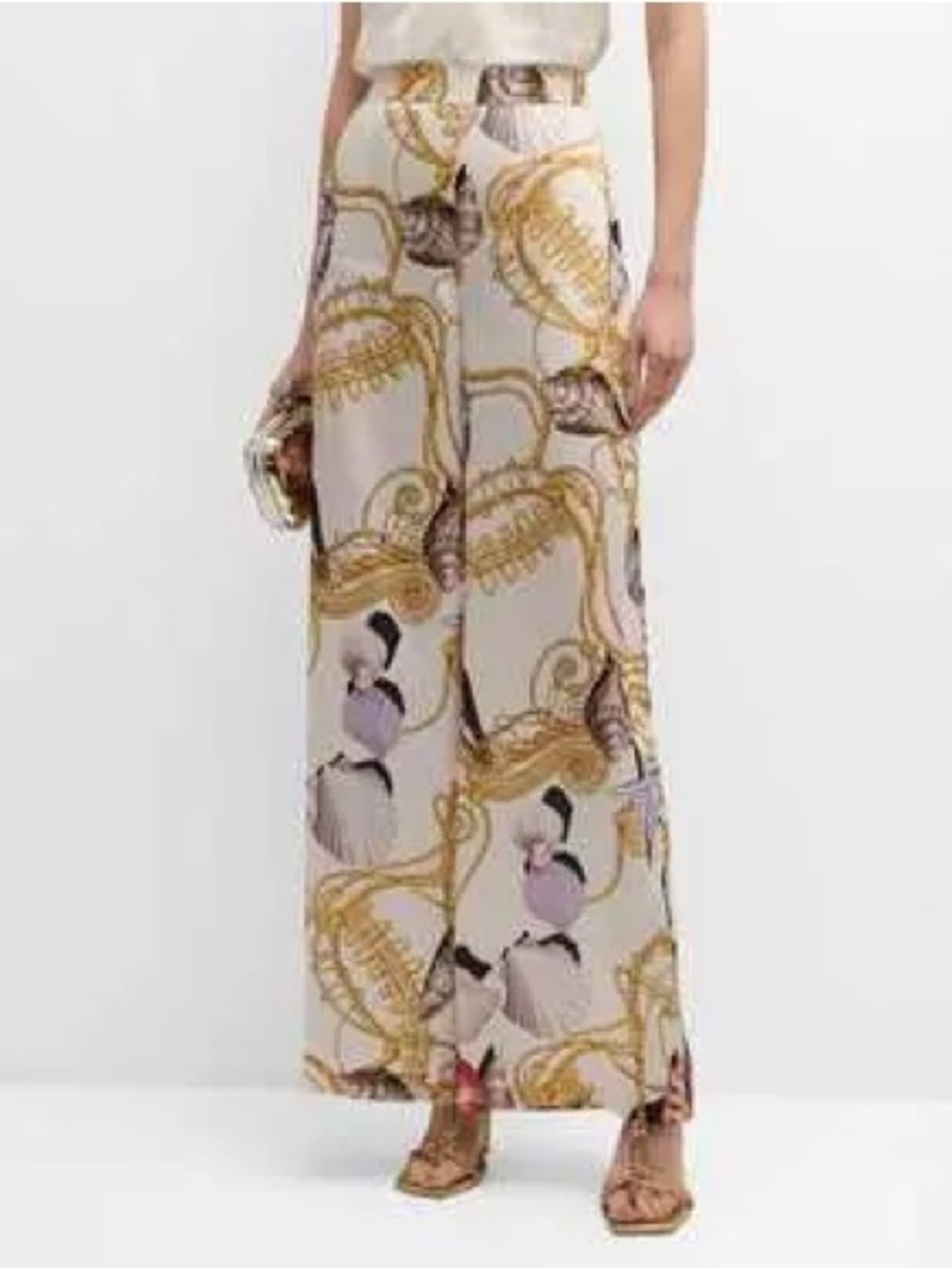 Ungaro Virginia shell print ivory Wide-Leg Printed Pants with Gold Chain Motif